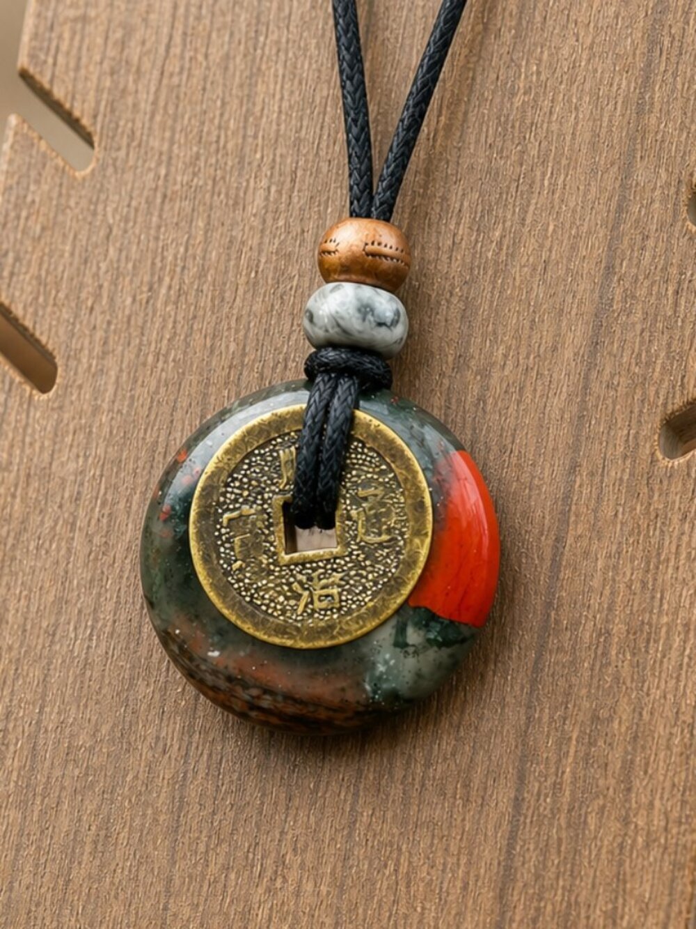 African Bloodstone & Lucky Coin Pendant Necklace | Handmade - Picture 1 of 7